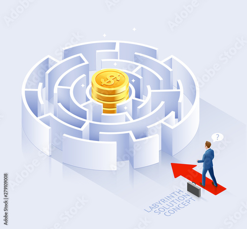 Business solution conceptual design. Businessman standing at labyrinth vector illustration.