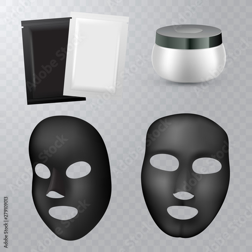 Vector realistic black facial cosmetic sheet mask on transparent background for your design. Package design for face mask.