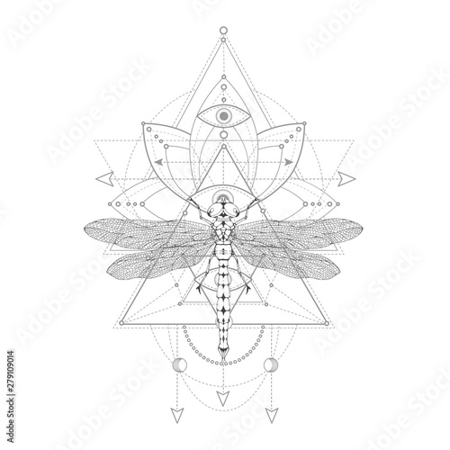 Vector illustration with hand drawn dragonfly and Sacred symbol on white background. Abstract mystic sign.