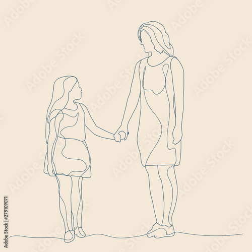 vector isolated sketch of mom and daughter