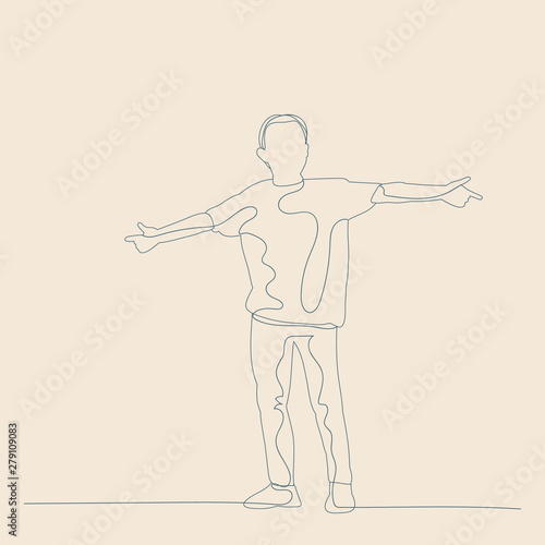 vector, isolated, sketch of a child with lines, on a beige background, the boy rejoices
