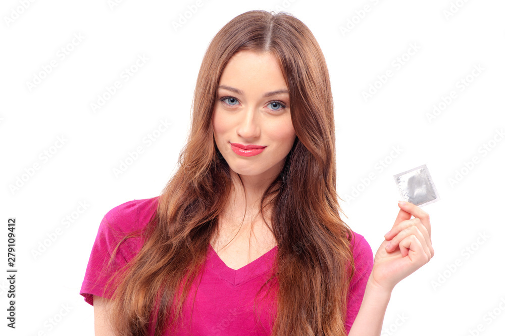 young smiling woman with long hair holding condom young smiling woman with long hair holding condom