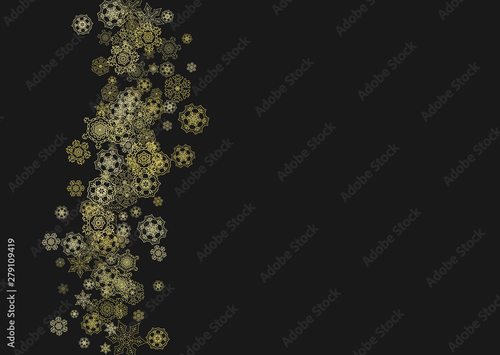 Gold snowflakes frame on black background. New year theme. Horizontal shiny Christmas frame for holiday banner, card, sale, special offer. Falling snow with gold snowflake and glitter for party invite