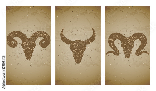 Vector set of three illustrations with grunge silhouettes skulls wild buffalo, bull and ram on old texture background. Vintage sketch in sepia color.