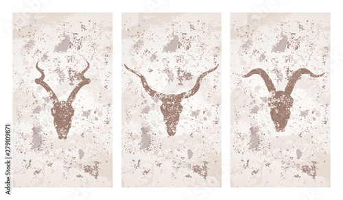 Vector set of three illustrations with hand drawn silhouettes skulls antelopes and goat on grunge texture background. Vintage sketch in beige color.