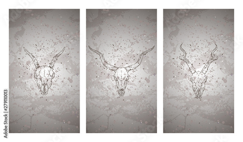 Vector set of three illustrations with hand drawn skulls antelopes and goat on grunge texture background. Vintage sketch in dark color.