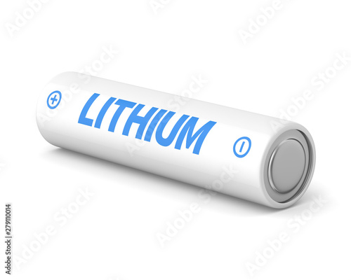 3d rendered single lithium aa battery on a white background.