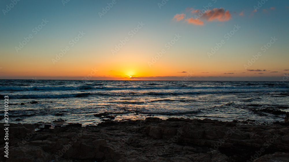 Sea landscape with sand, sky and clouds background. D