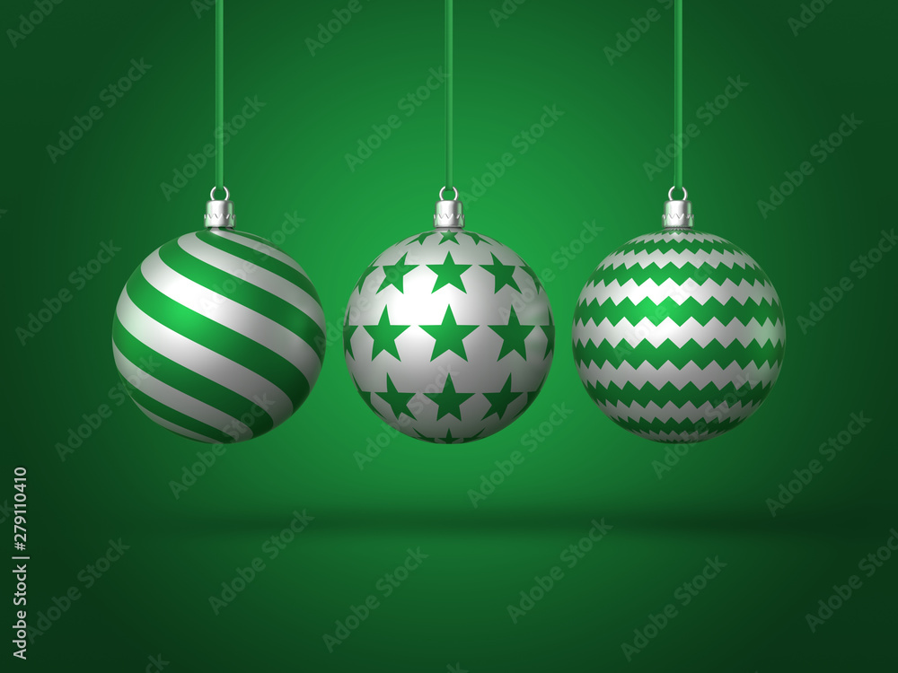 A 3d rendered illustration of three green and white christmas baubles hanging at the same height from green ribbons casting a shadow onto a green background.