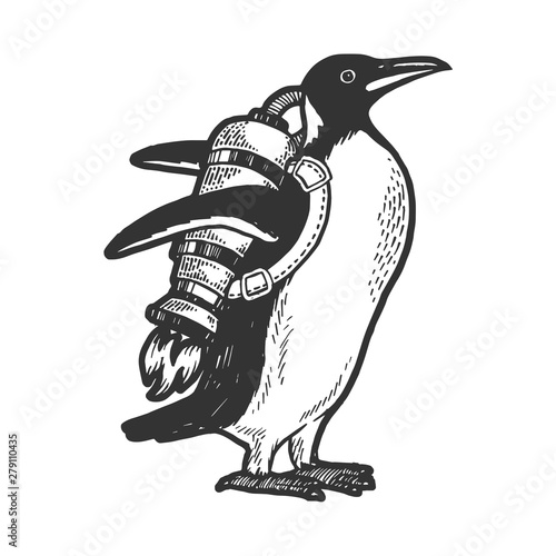 Penguin bird with jetpack sketch engraving vector illustration. Scratch board style imitation. Hand drawn image.