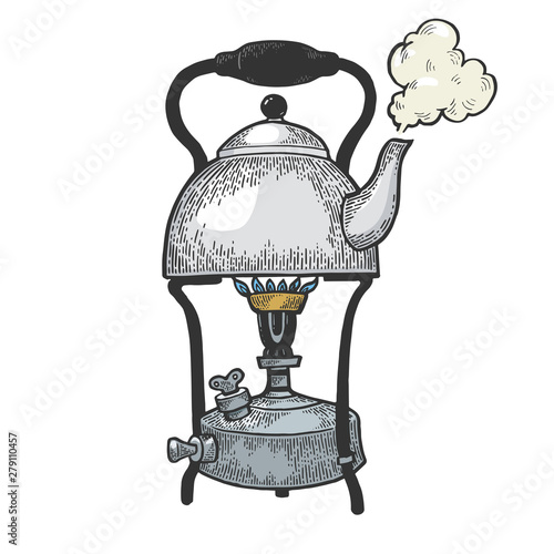 Old boiling kettle pot on primus stove color sketch engraving vector illustration. Scratch board style imitation. Hand drawn image.