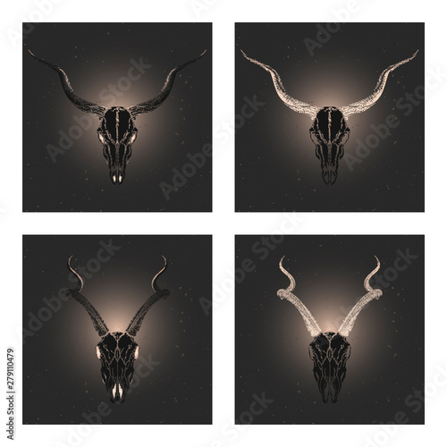 Vector set of four illustrations with hand drawn black silhouettes skulls antelopes with gold elements on dark background.