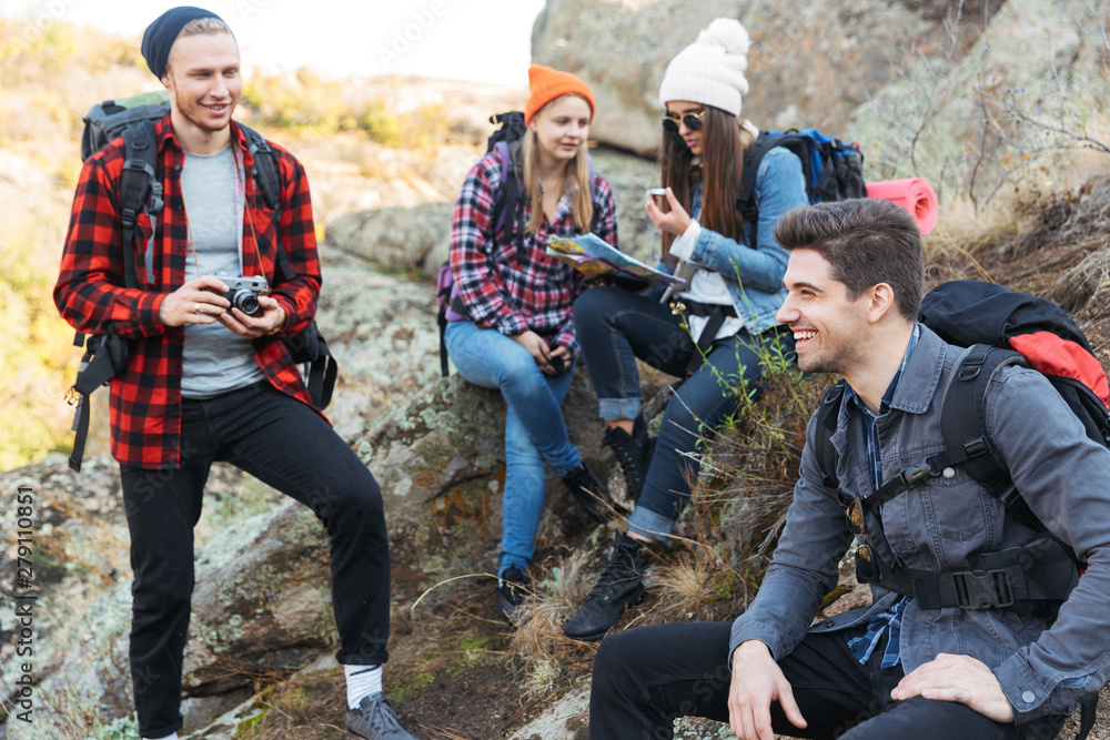 Friends outside in free alternative vacation camping Friends outside in free alternative vacation camping