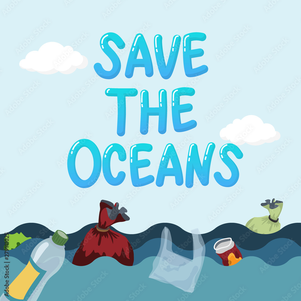 plastic pollution in ocean environmental problem concept. garbage from plastic bag and bottle floating in the ocean, waste water. text save the oceans on top plastic pollution in ocean environmental problem concept. garbage from plastic bag and bottle floating in the ocean, waste water. text save the oceans on top