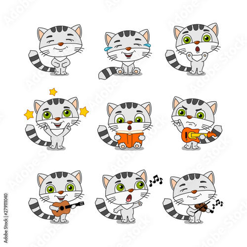 Collection of funny kitten in cartoon style in different poses and with musical instruments