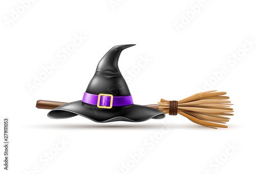 Vector halloween holiday elements - realistic witch pointed hat, broom on isolated background. Autumn traditional trick or treat spooky event, scary and magic design