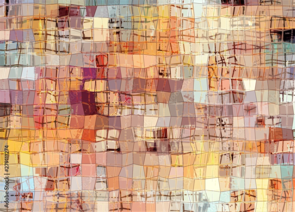 Fototapeta premium Colorful abstract mosaic work. Dirty art with orange, sand and green accents. Square mesh made with dark paint strokes
