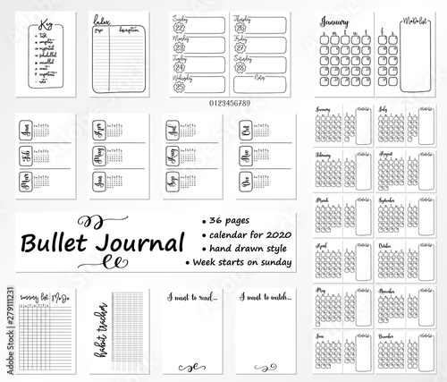 Set of 36 pages for Bullet Journal with caledar on 2020 year  with a week that starts from Sunday. Diary template. 