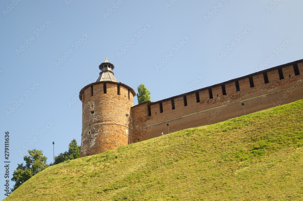 Nizhny Novgorod, Russia - August 19, 2019: Taynitskaya tower of Nizhny Novgorod Kremlin Nizhny Novgorod, Russia - August 19, 2019: Taynitskaya tower of Nizhny Novgorod Kremlin