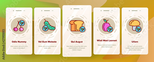 Organic Foods Vector Onboarding Mobile App Page Screen. Organic Food, Fresh Fruits, Berries, Vegetables Linear. Healthy Nutrition. Eco Dairy, Meat Products Organic Farming Produce Illustrations