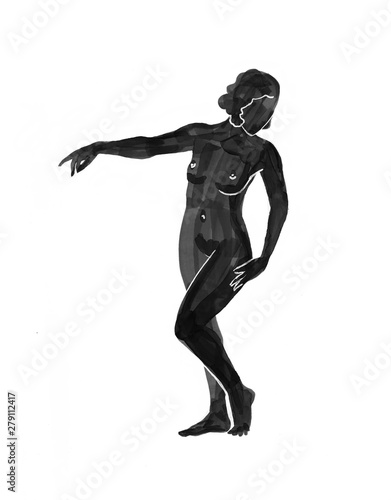 Woman stands still Sketch. Black felt tip pen illustration isolated on white background