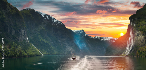 Ship in geiranger fjord. photo