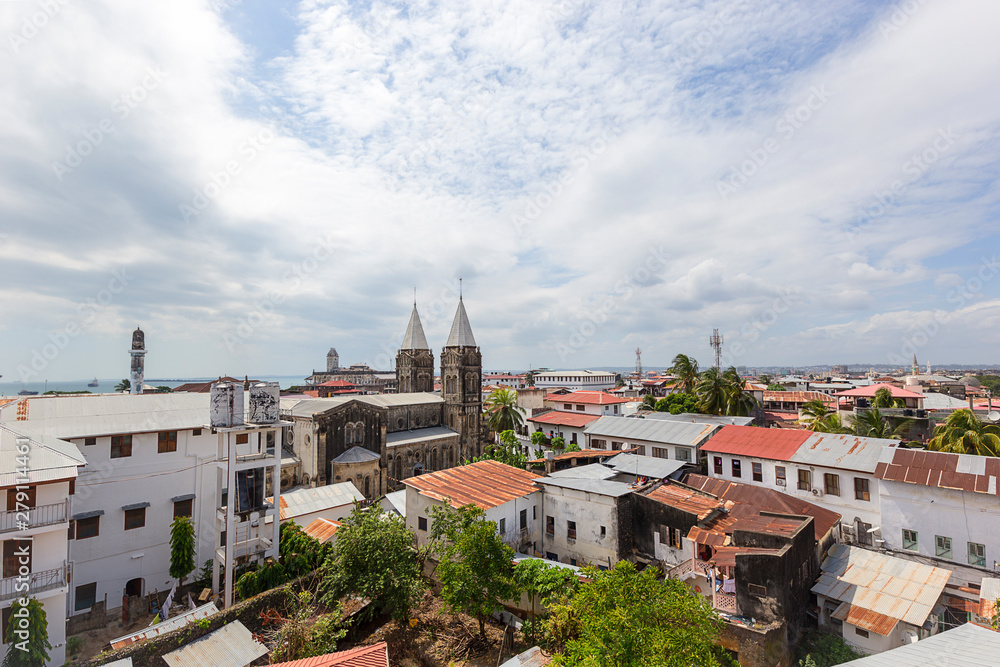 rooftop view over stone town zanzibar looking at corrugated iron roof sheeting