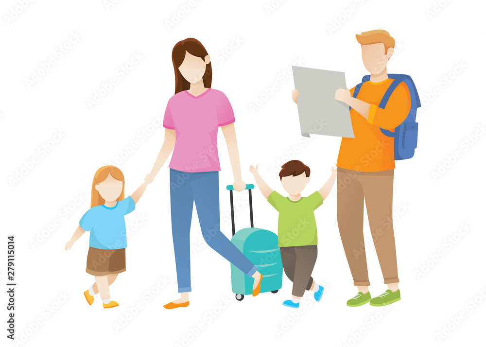 Family travel. Father mother, son and daughter at the airport. Traveling family on vacation. Vector illustration in a flat style Family travel. Father mother, son and daughter at the airport. Traveling family on vacation. Vector illustration in a flat style