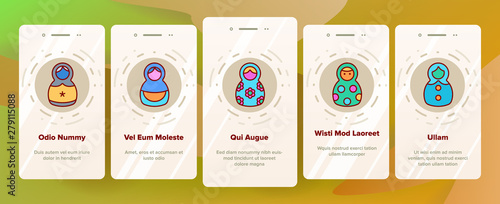 Matryoshka Toy Vector Onboarding Mobile App Page Screen. Matryoshka, Traditional Russian Decorative Souvenir Linear Pictograms. Matrioshka, Handcrafted Wooden Dolls in Ethnic Costumes