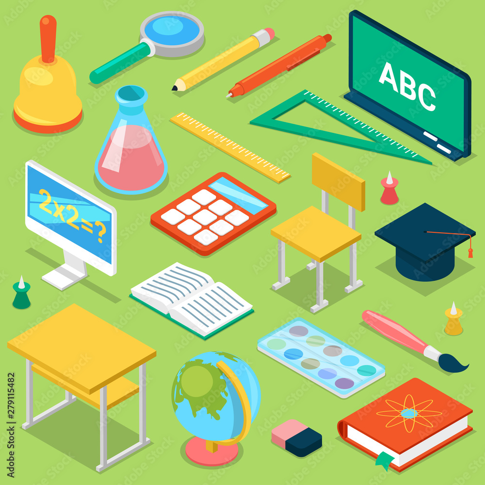 School supplies education schooling accessory for schoolchilds educational stationery for studying in classroom isometric illustration set of isolated on background