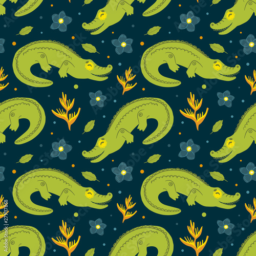 Tropical african animal crocodile and plants. Seamless pattern on dark background