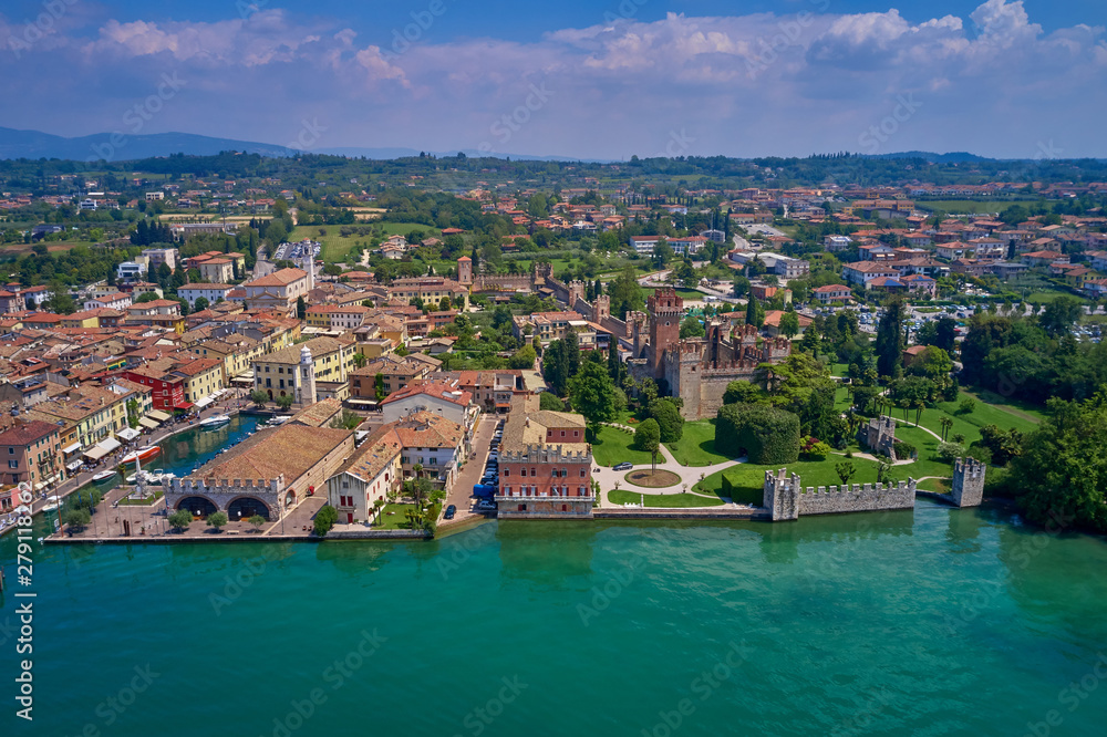 Panoramic view of the city center of Lazise on Lake Garda, Italy. Aerial photography with drone.