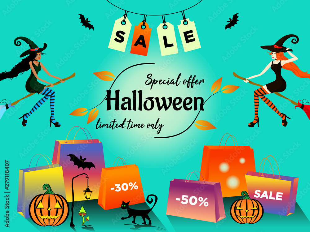 Naklejka premium Halloween sale special offer with two young woman dark-skinned and white-skinned in costumes of witches fly on a broom in the direction of sales. Vector illustration EPS 10 on blue gradient background