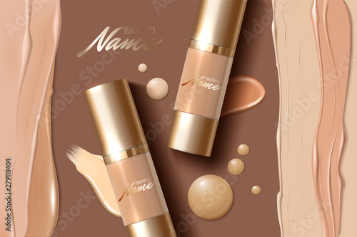 Advertising poster for cosmetic product for catalog, magazine. Design of cosmetic package. Advertising of foundation cream, concealer, base, BB cream. Realistic creamy texture