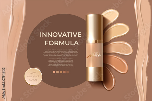 Advertising poster for cosmetic product for catalog, magazine. Design of cosmetic package. Advertising of foundation cream, concealer, base, BB cream. Realistic creamy texture
