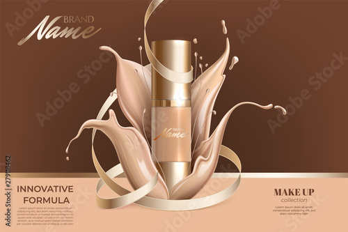 Advertising poster for cosmetic product for catalog, magazine. Design of cosmetic package. Advertising of foundation cream, concealer, base, BB cream. Realistic creamy texture