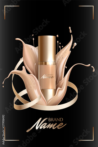 Advertising poster for cosmetic product for catalog, magazine. Design of cosmetic package. Advertising of foundation cream, concealer, base, BB cream. Realistic creamy texture
