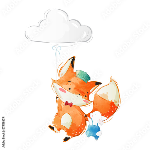 Cute Fox and Bunny Flying to the Sky