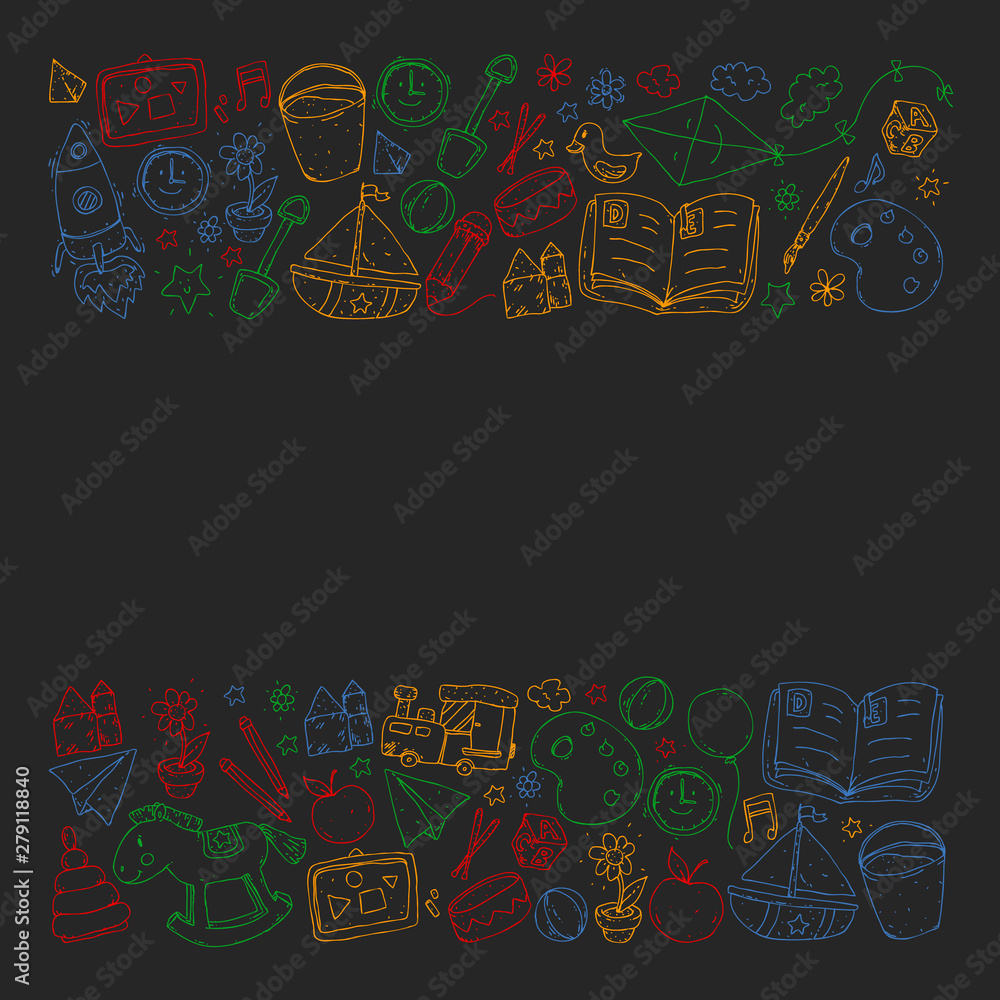 Kindergarten with toys. Pattern for children. Little preschool kids education. Drawing, learning, play Kindergarten with toys. Pattern for children. Little preschool kids education. Drawing, learning, play