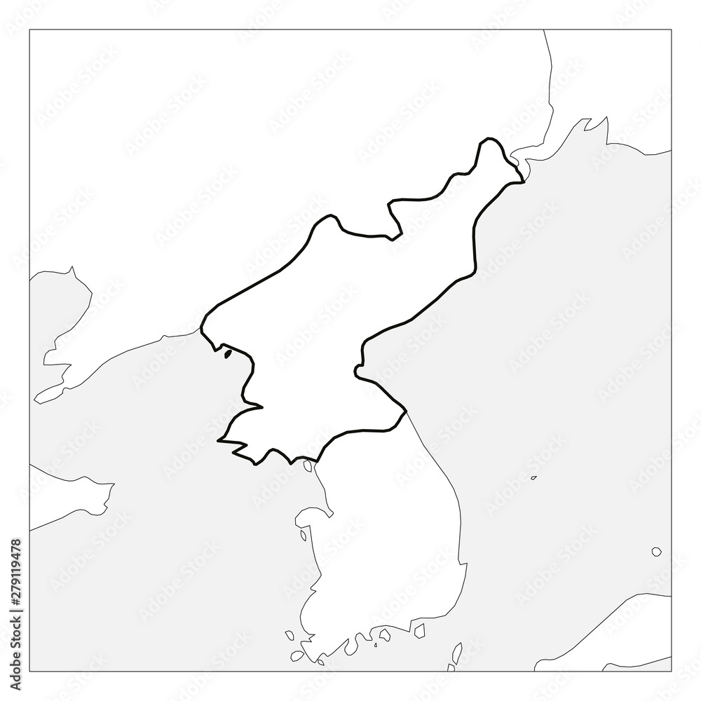 Map of North Korea black thick outline highlighted with neighbor countries