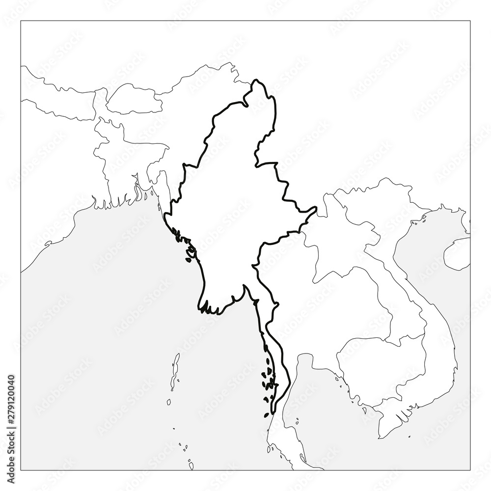 Map of Myanmar black thick outline highlighted with neighbor countries