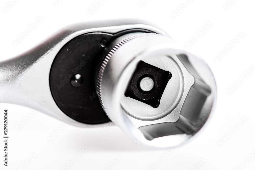 Service with Integrity. socket wrench isolated on white background. Set of tools isolated on white background. chrome plating. Socket Spanner Wrench.