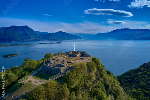 Aerial photography with drone, Rocca di Manerba in Garda lake,,Italy. photo