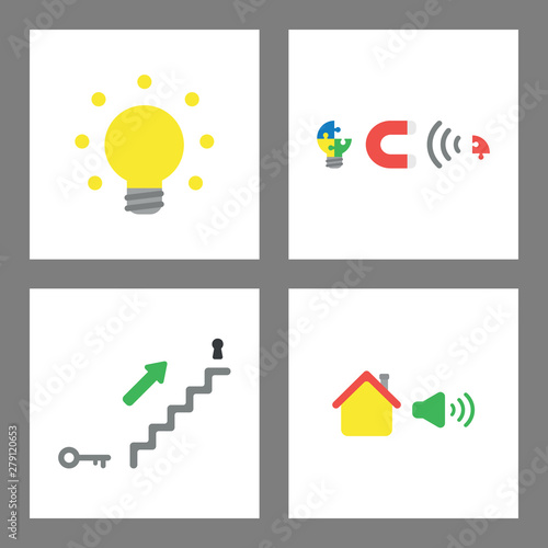 Icon concept set. Light bulb, puzzle, missing piece, key unlock and house with sound.