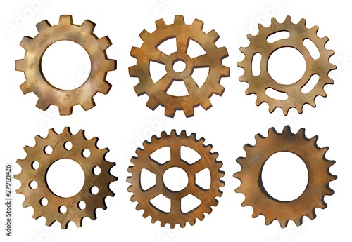Watercolor Rusty Gears and Cogs isolated on White Background.
