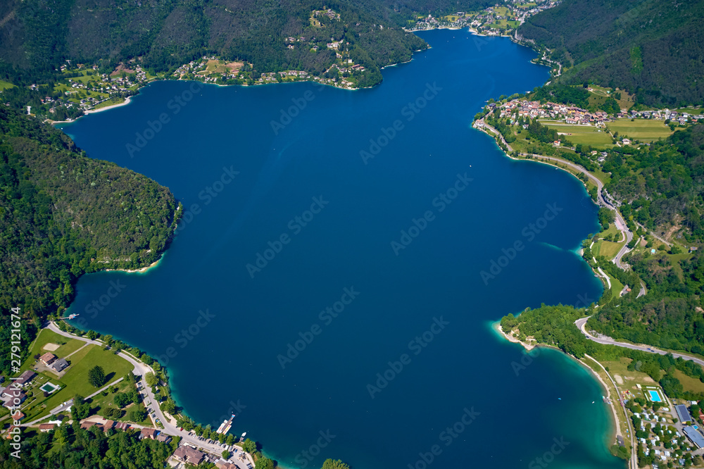 Fototapeta premium Aerial photography with drone. Panoramic view of Lake Ledro in the north of Italy In the Alps.