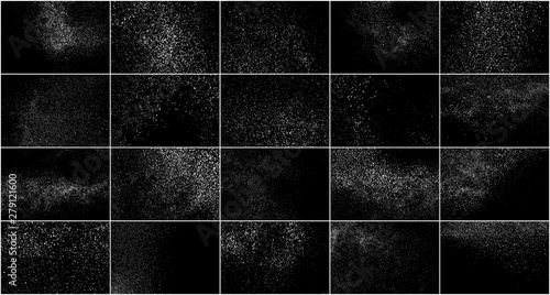Set of White Grainy Texture Isolated On Black Background. Dust Overlay Texture. Noise Particles. Snow Effects Pack. Digitally Generated Image. Vector Illustration, EPS 10.