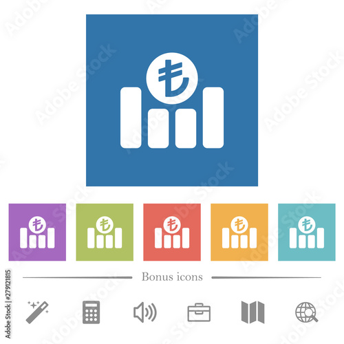 Turkish Lira financial graph flat white icons in square backgrounds