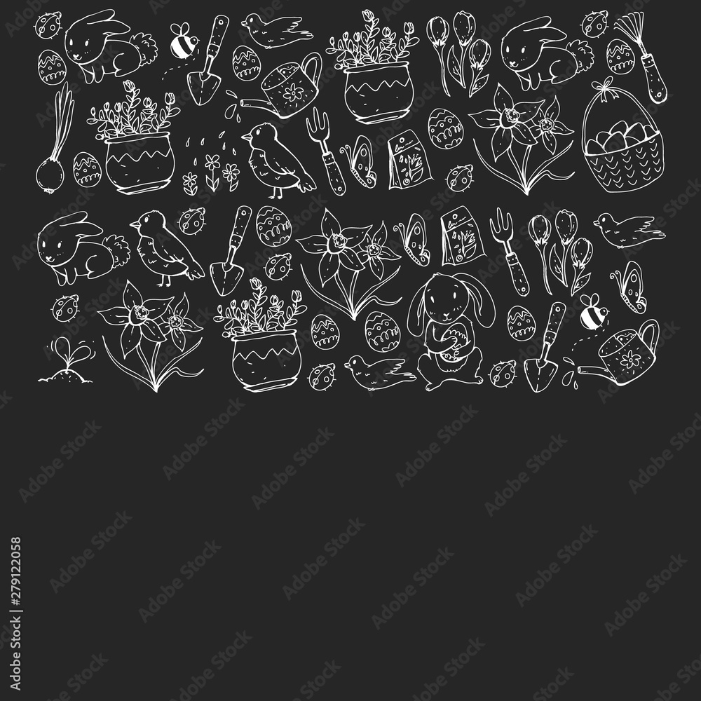 Vector pattern with easter and spring elements. Eggs in basket, bunny, flowers, birds Vector pattern with easter and spring elements. Eggs in basket, bunny, flowers, birds