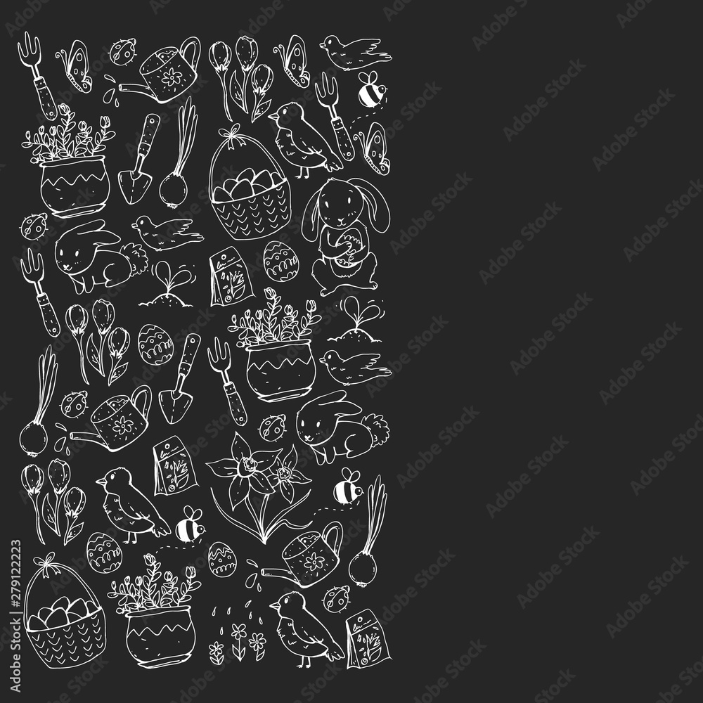 Vector pattern with easter and spring elements. Eggs in basket, bunny, flowers, birds Vector pattern with easter and spring elements. Eggs in basket, bunny, flowers, birds